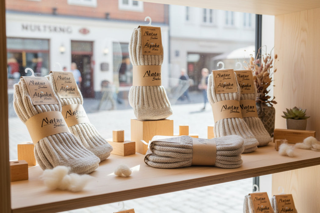 Natur Socken mit Alpacka Wolle einzelnd und als Set zu zweit.