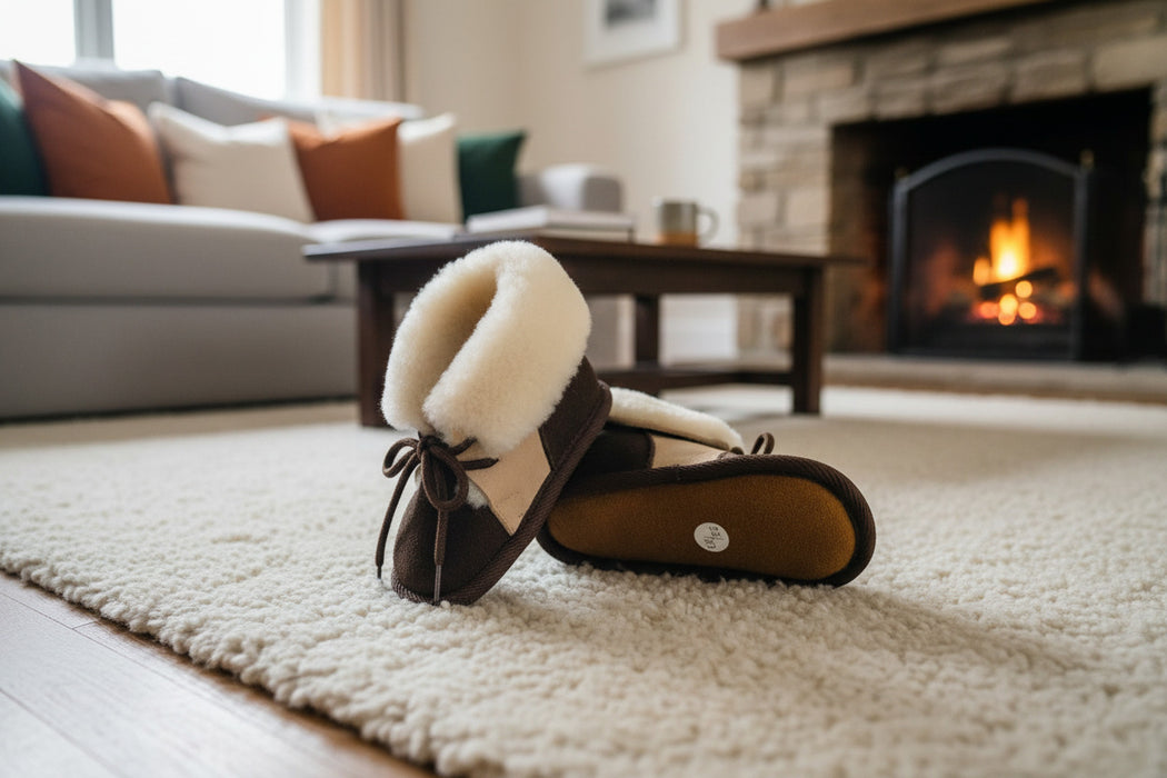 Babyschuhe Lammfell, Veloursleder, "Bambino" pflanzlich gegerbt braun - Schafland-Stock