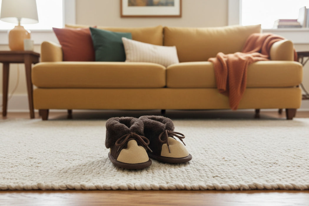 Babyschuhe Lammfell, Veloursleder, "Bambino" pflanzlich gegerbt braun - Schafland-Stock