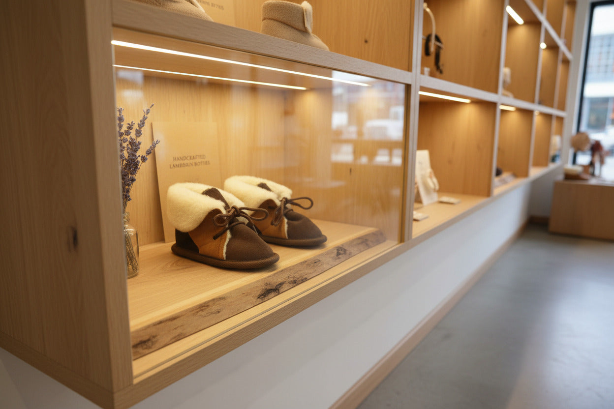 Babyschuhe Lammfell, Veloursleder, "Bambino" pflanzlich gegerbt braun - Schafland-Stock